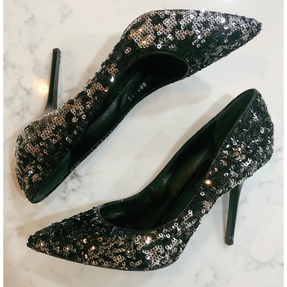 LOUIS VUITTON Liza Sequin Black & Silver Pointy Toe Pumps Noir SZ 37 - Picture 12 of 17